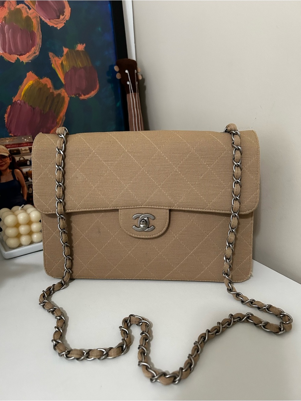 CHANEL Tan Quilted Flap Shoulder Bag with Silver Chain